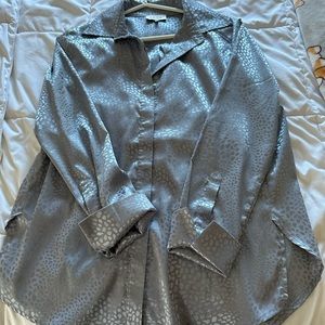 Beautiful slate blue blouse with fold up cuffs.  Acoa from Vici Collection